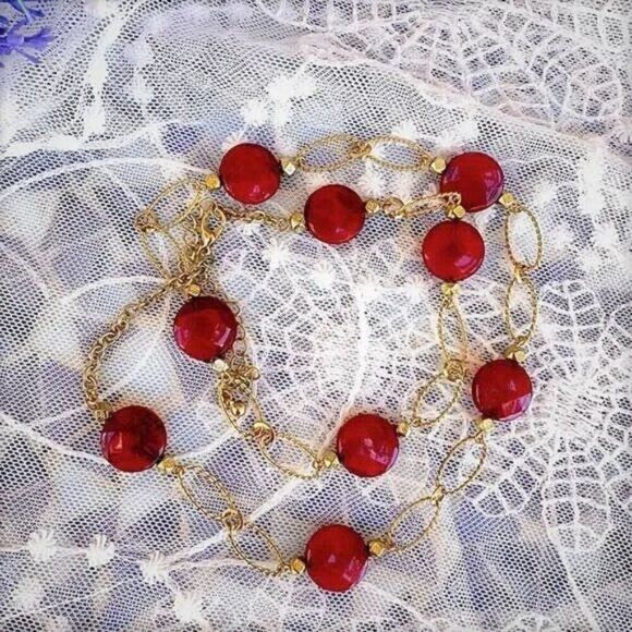 Red & Gold Bead Link Chain Necklace - Picture 2 of 8